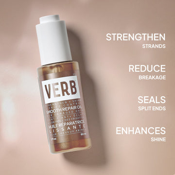 Verb Smooth Repair Oil 2 oz highlighting strand strengthening, reduced breakage, sealed split ends, and enhanced shine