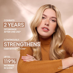 Blonde-haired model beside claims of combating two years of damage, continuously strengthening hair, and increasing shine with Verb Smooth Repair Oil