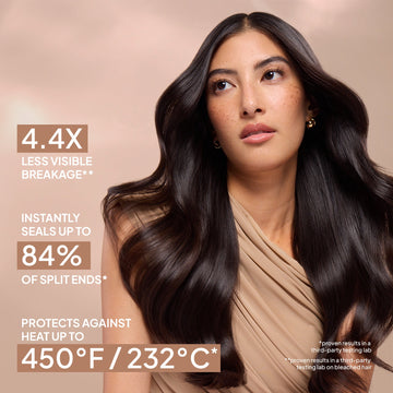 Dark-haired model beside claims of reduced visible breakage, sealed split ends, and heat protection up to 450 degrees Fahrenheit