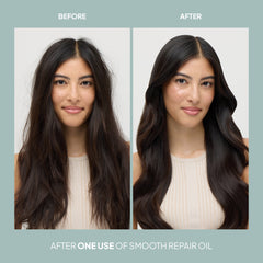 Before-and-after comparison showing dark hair appearing smoother and more polished after one use of Verb Smooth Repair Oil