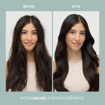 Before-and-after comparison showing dark hair appearing smoother and more polished after one use of Verb Smooth Repair Oil