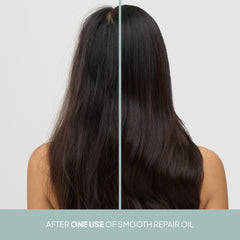 Before-and-after comparison showing dark hair with reduced flyaways and a smoother appearance after one use of Verb Smooth Repair Oil