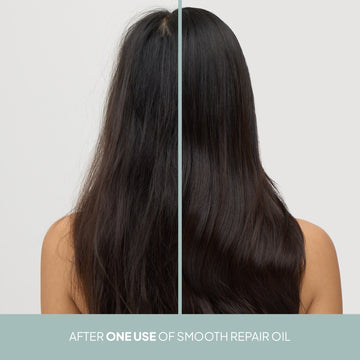 Before-and-after comparison showing dark hair with reduced flyaways and a smoother appearance after one use of Verb Smooth Repair Oil