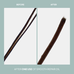 Before-and-after close-up showing a hair strand appearing fuller and smoother after one use of Verb Smooth Repair Oil