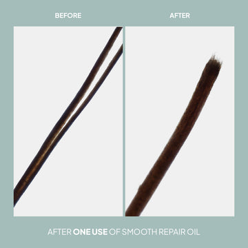 Before-and-after close-up showing a hair strand appearing fuller and smoother after one use of Verb Smooth Repair Oil