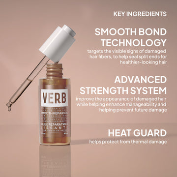Verb Smooth Repair Oil highlighting Smooth Bond Technology, Advanced Strength System, and heat protection benefits