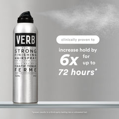 Verb Strong Finishing Hairspray 7 oz can with a claim of up to 6 times stronger hold for 72 hours
