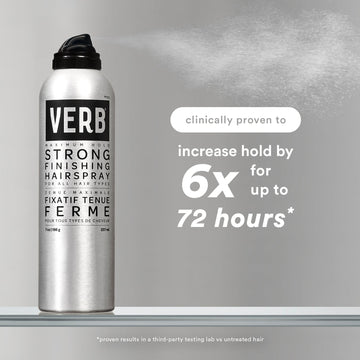Verb Strong Finishing Hairspray 7 oz can with a claim of up to 6 times stronger hold for 72 hours