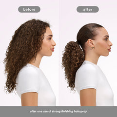 Before-and-after comparison showing curly brown hair styled into a smooth ponytail after one use of Verb Strong Finishing Hairspray