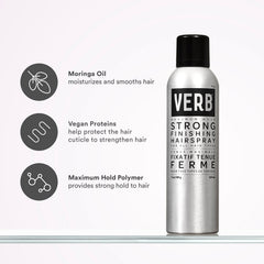 Verb Strong Finishing Hairspray 7 oz can with claims that moringa oil moisturizes and smooths hair, vegan proteins protect and strengthen hair, and a maximum hold polymer provides strong hold