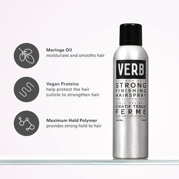 Verb Strong Finishing Hairspray 7 oz can with claims that moringa oil moisturizes and smooths hair, vegan proteins protect and strengthen hair, and a maximum hold polymer provides strong hold