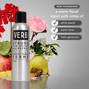 Verb Strong Finishing Hairspray 7 oz can with warm floral fragrance notes of white peach, water lotus, and fresh geranium