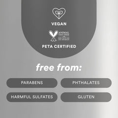 Verb Strong Finishing Hairspray graphic showing vegan and PETA-certified status and formulas free from parabens, phthalates, harmful sulfates, and gluten