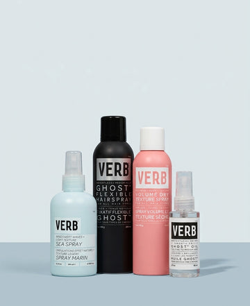 Mobile banner showing Verb Sea Spray, Ghost Flexible Hairspray, Volume Dry Texture Spray, and Ghost Oil against a pale blue background.