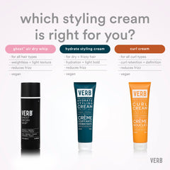 Comparison of Verb Ghost Air Dry Whip, Hydrate Styling Cream, and Curl Cream for different hair needs and styling benefits