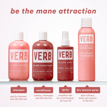 Verb Volume Collection featuring Volume Shampoo, Volume Conditioner, Volume Spray, and Volume Dry Texture Spray