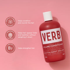 Verb Volume Conditioner highlighting hibiscus flower extract, amaranth extract, and biotin benefits