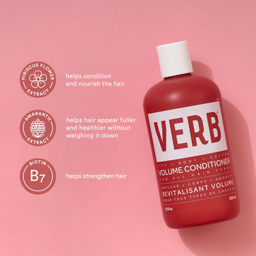 Verb Volume Conditioner highlighting hibiscus flower extract, amaranth extract, and biotin benefits