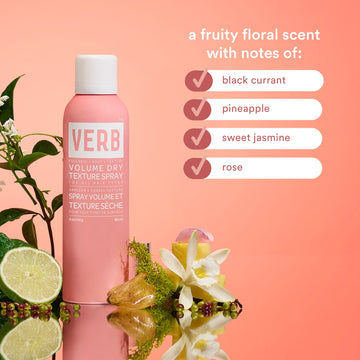Verb Volume Dry Texture Spray 5 oz can with fruity floral fragrance notes of black currant, pineapple, sweet jasmine, and rose