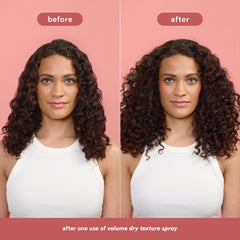 Before-and-after comparison of a brunette model showing fuller curly hair after one use of Verb Volume Dry Texture Spray