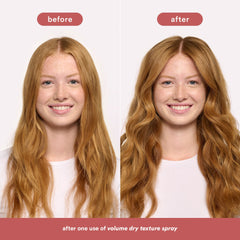 Before-and-after comparison of a blonde-haired model showing fuller, wavier hair after one use of Verb Volume Dry Texture Spray