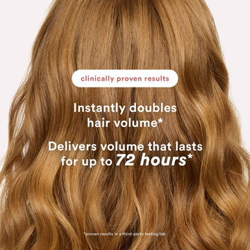 Close-up of light brown hair beside claims of instantly doubled volume and fullness lasting up to 72 hours from Verb Volume Dry Texture Spray