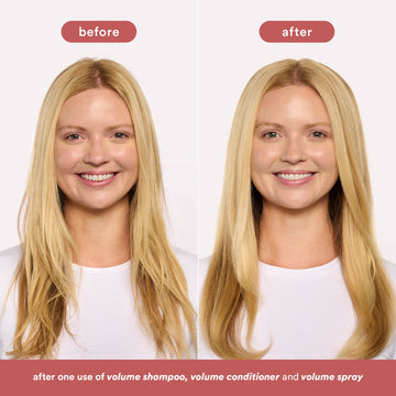 Before-and-after comparison of blonde hair after using Verb Volume Shampoo, Volume Conditioner, and Volume Spray