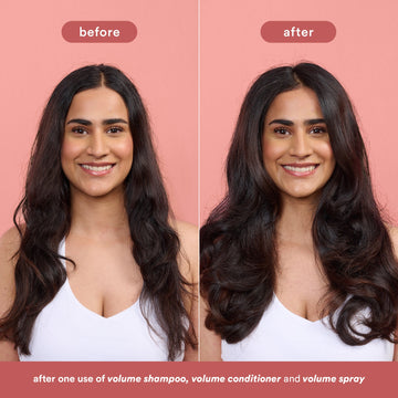 Before-and-after comparison of dark wavy hair after using Verb Volume Shampoo, Volume Conditioner, and Volume Spray