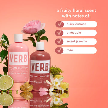 Verb Volume Shampoo displayed with fragrance notes of black currant, pineapple, sweet jasmine, and rose
