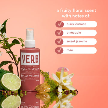 Verb Volume Spray 6.5 oz bottle with fruity floral fragrance notes of black currant, pineapple, sweet jasmine, and rose